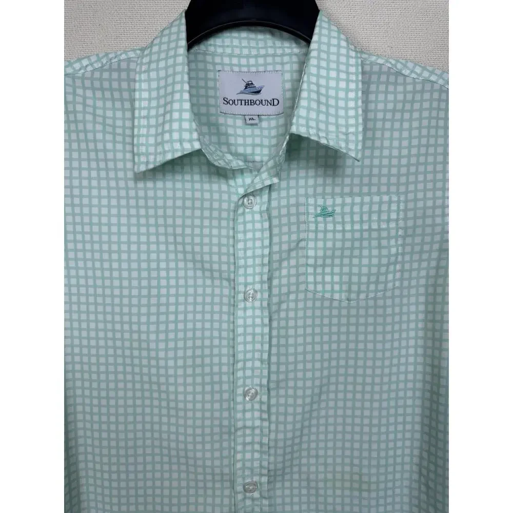 Southbound Boy's Button Up Shirt Short Sleeve Sz XL 14 Green white Checked - Picture 2 of 9